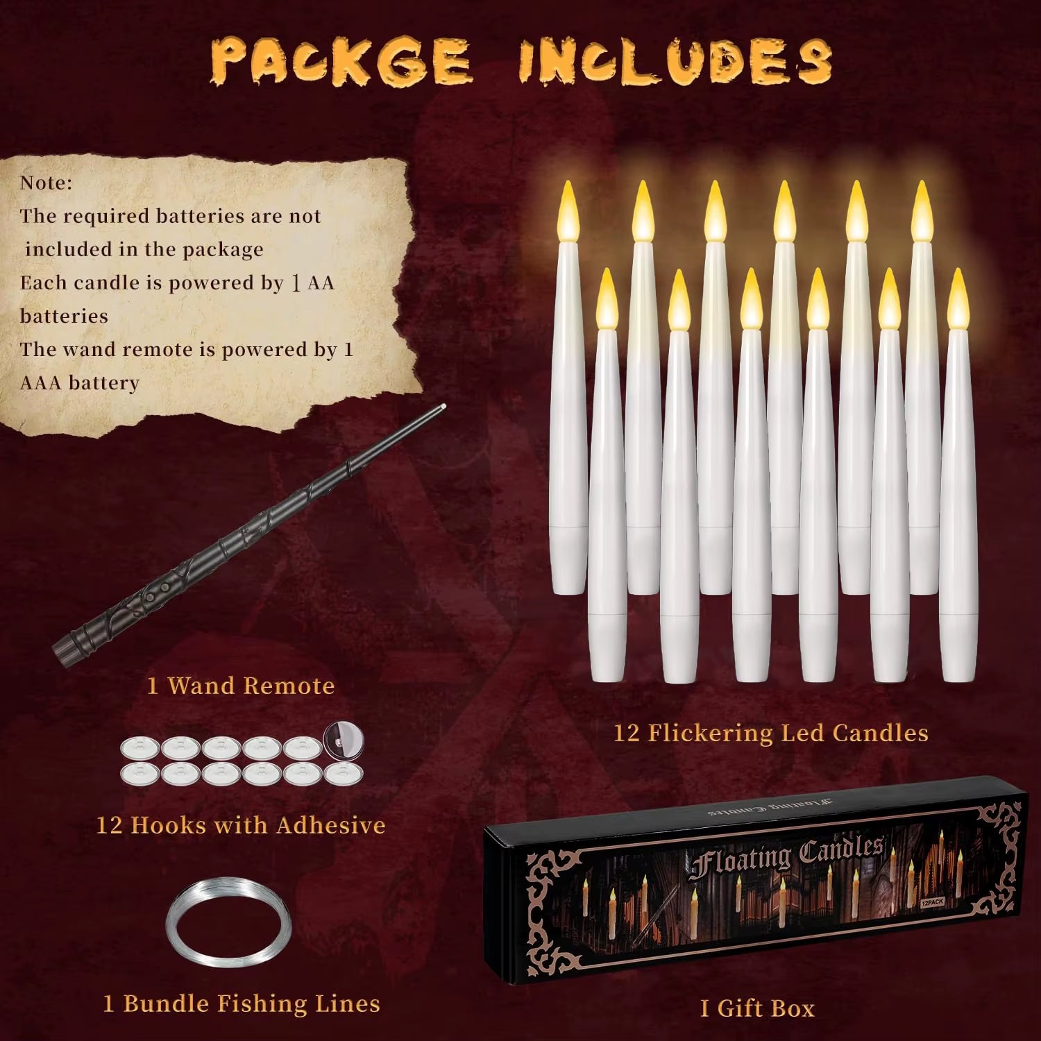 12-120Pcs Floating Candles with Wand Magic Hanging Candles LED Flickering Candles Flameless for Halloween Christmas Party Decor