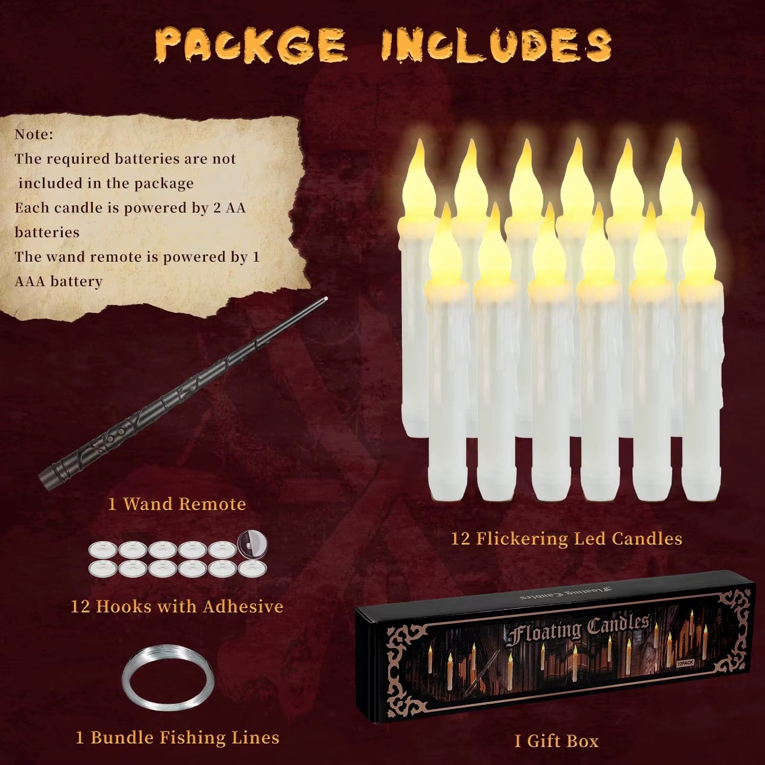 12-120Pcs Floating Candles with Wand Magic Hanging Candles LED Flickering Candles Flameless for Halloween Christmas Party Decor